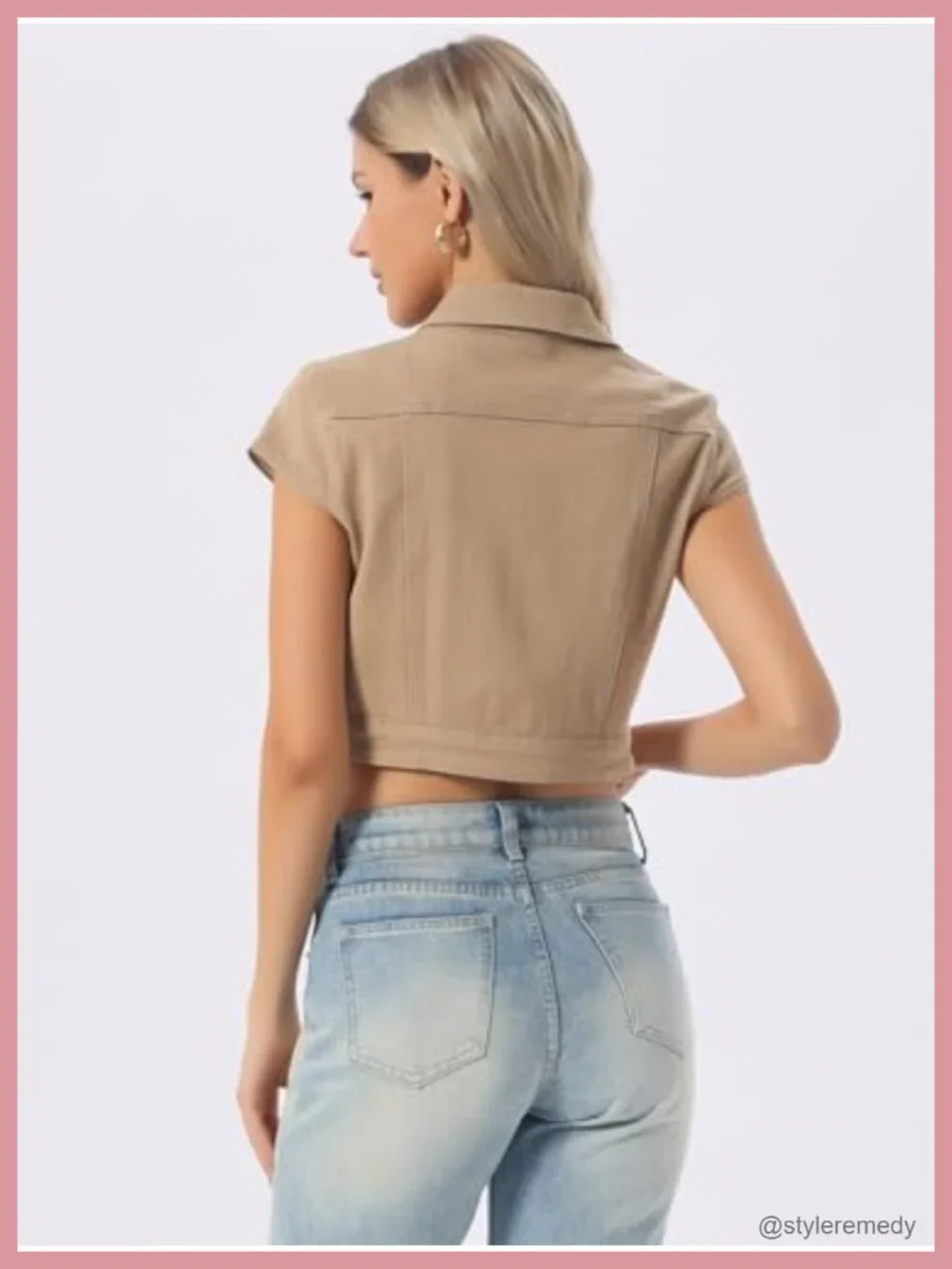 Women's Cropped Denim Jacket Short Sleeve Jean Jacket Summer